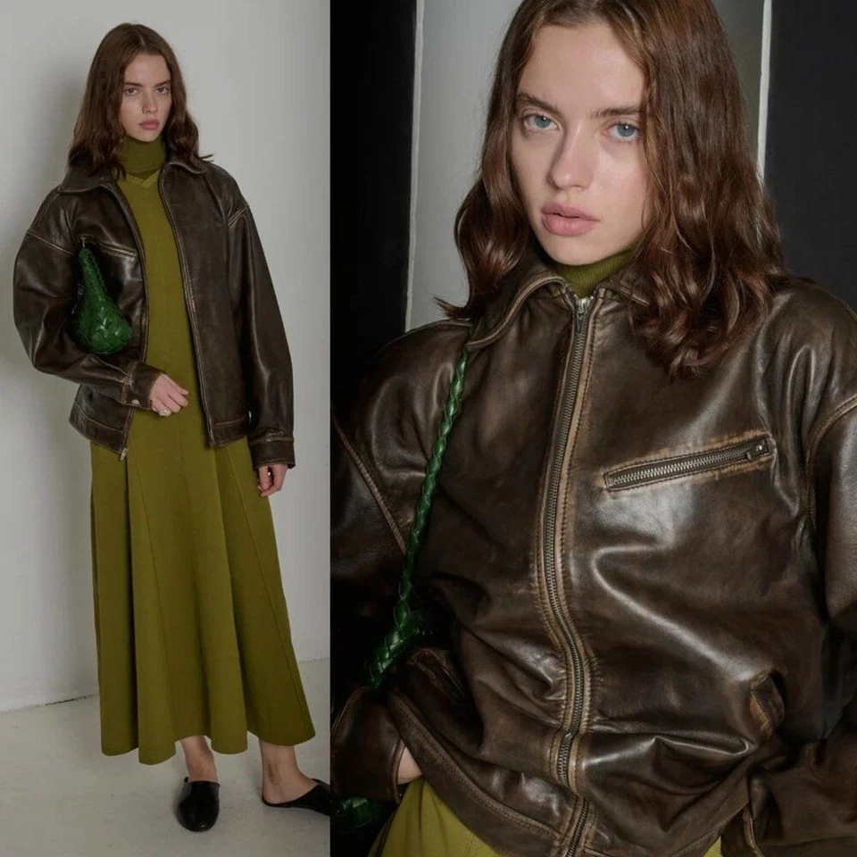 Chaqueta Bomber Reformation Veda Marco Pitstop Cuero Marrón Gran Tamaño Talla XL Foto 3 de 4