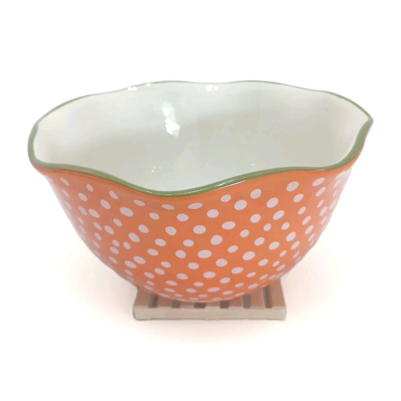 Pioneer Women Orange Mixing Serving Bowl 9 Inch White Polka Dot Scalloped Rim