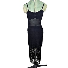 Woman's black dark boho tight knit babydoll empire waist maxi dress swimwear cov