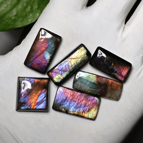 Flash de espectro completo ~ Lote de 6 piedras preciosas cabujón espectrolita natural 19 mm-28 mm - Imagen 4 de 10