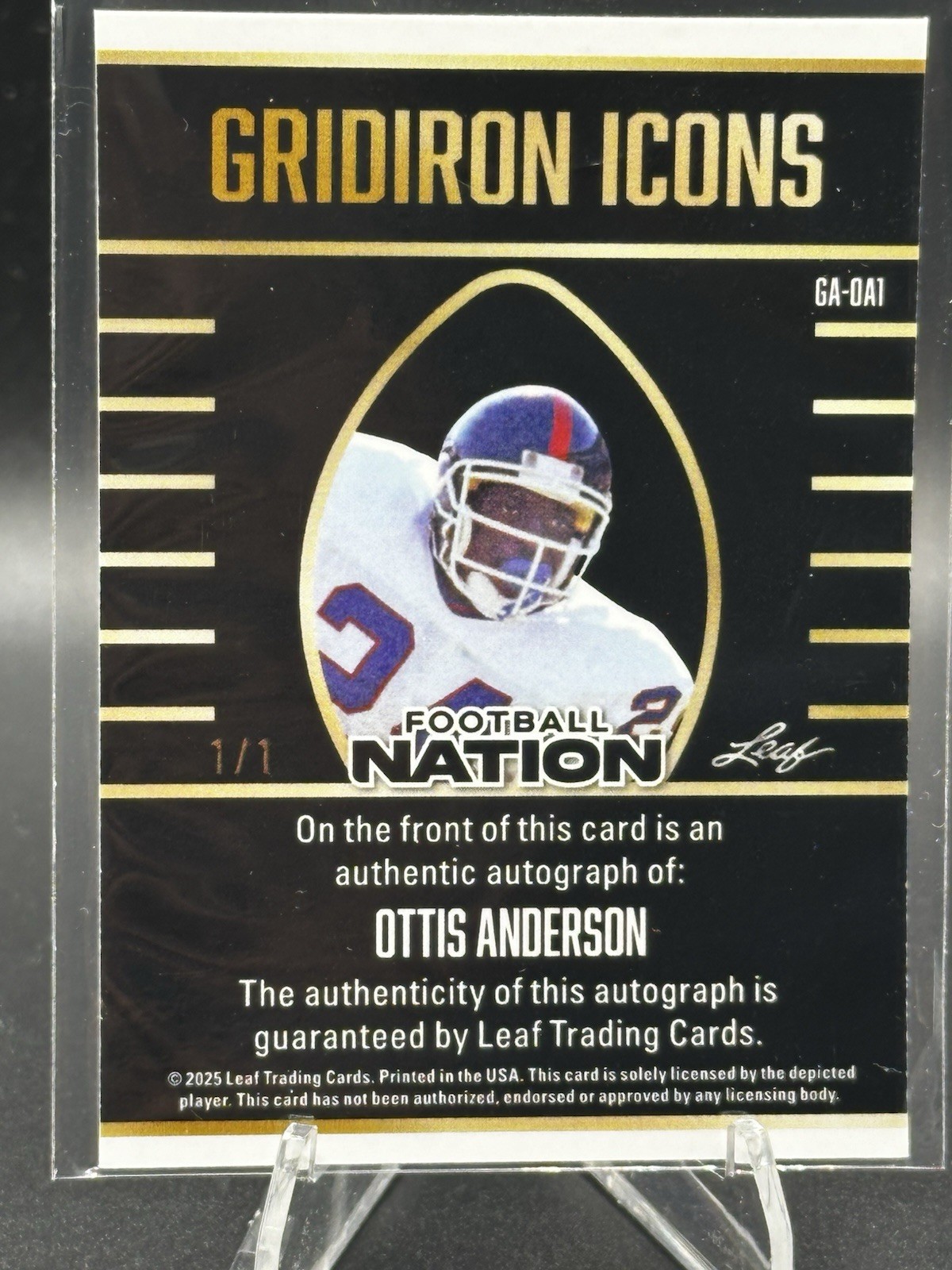 Ottis Anderson 2025 Leaf Football Nation Black Finite Auto 1/1 Grid Iron Icons view 2