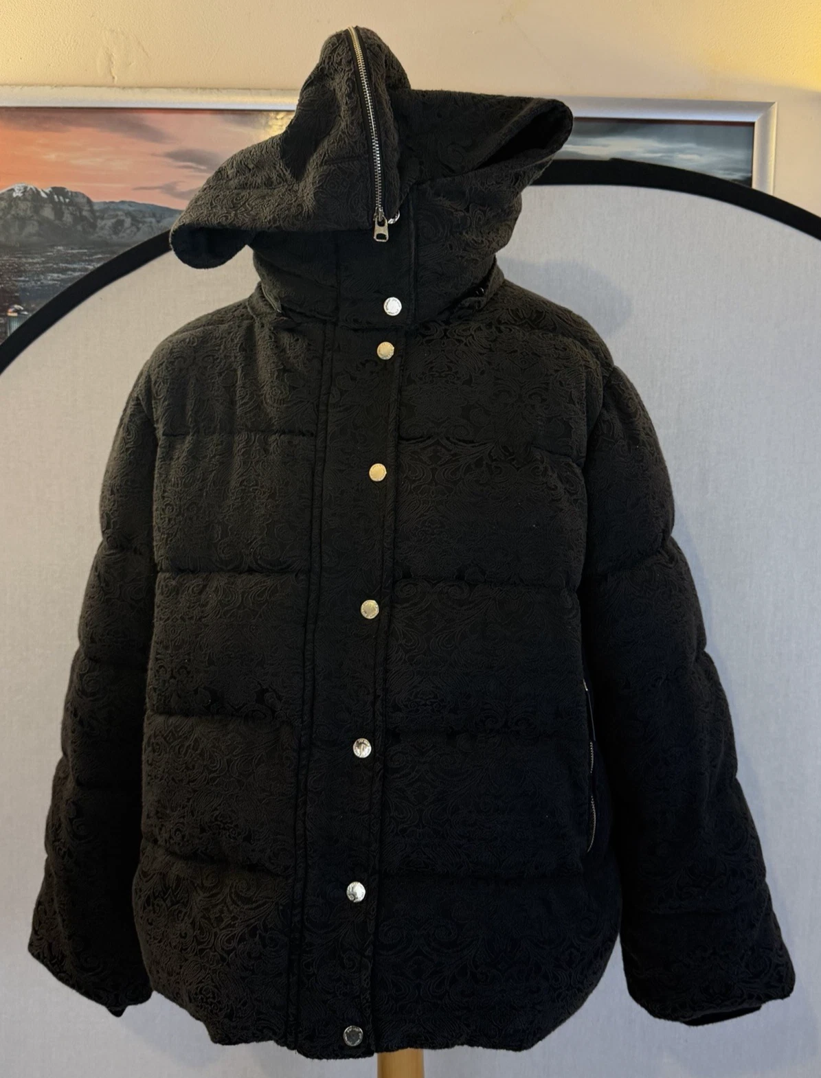 M&S Per Una Jacquard Padded Winter Coat Black Womens UK22 Hooded Quilted Jacket