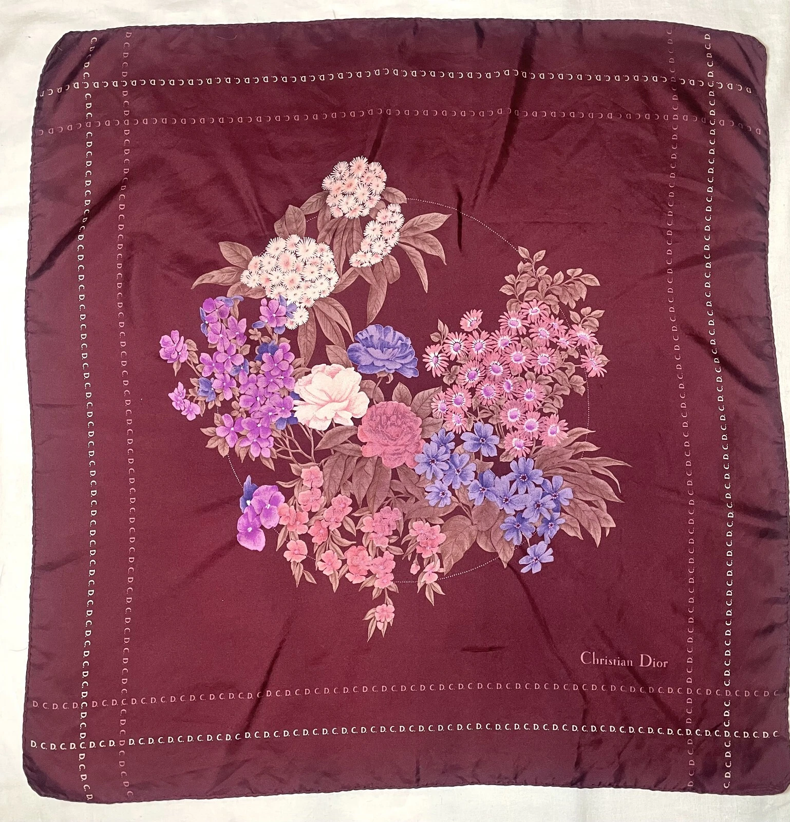 Foulard Christian Dior bordeaux logo floral 