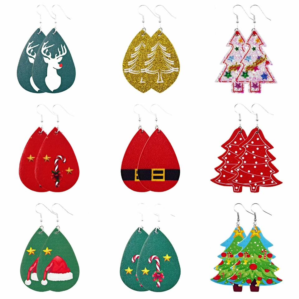 Christmas Faux Leather Teardrop Dangle Lightweight Earrings - Xmas New Year Gift - Image 1 of 4