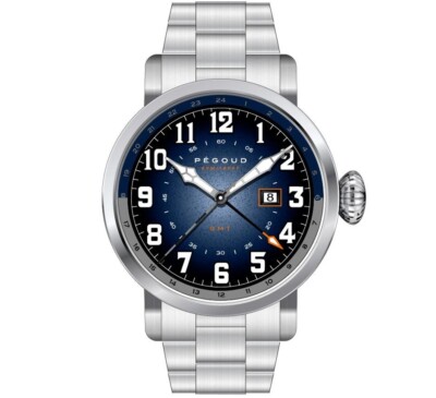 Pegoud Premiere Men's GMT Watch SWISS Quarts Stainless Steel and Blue 