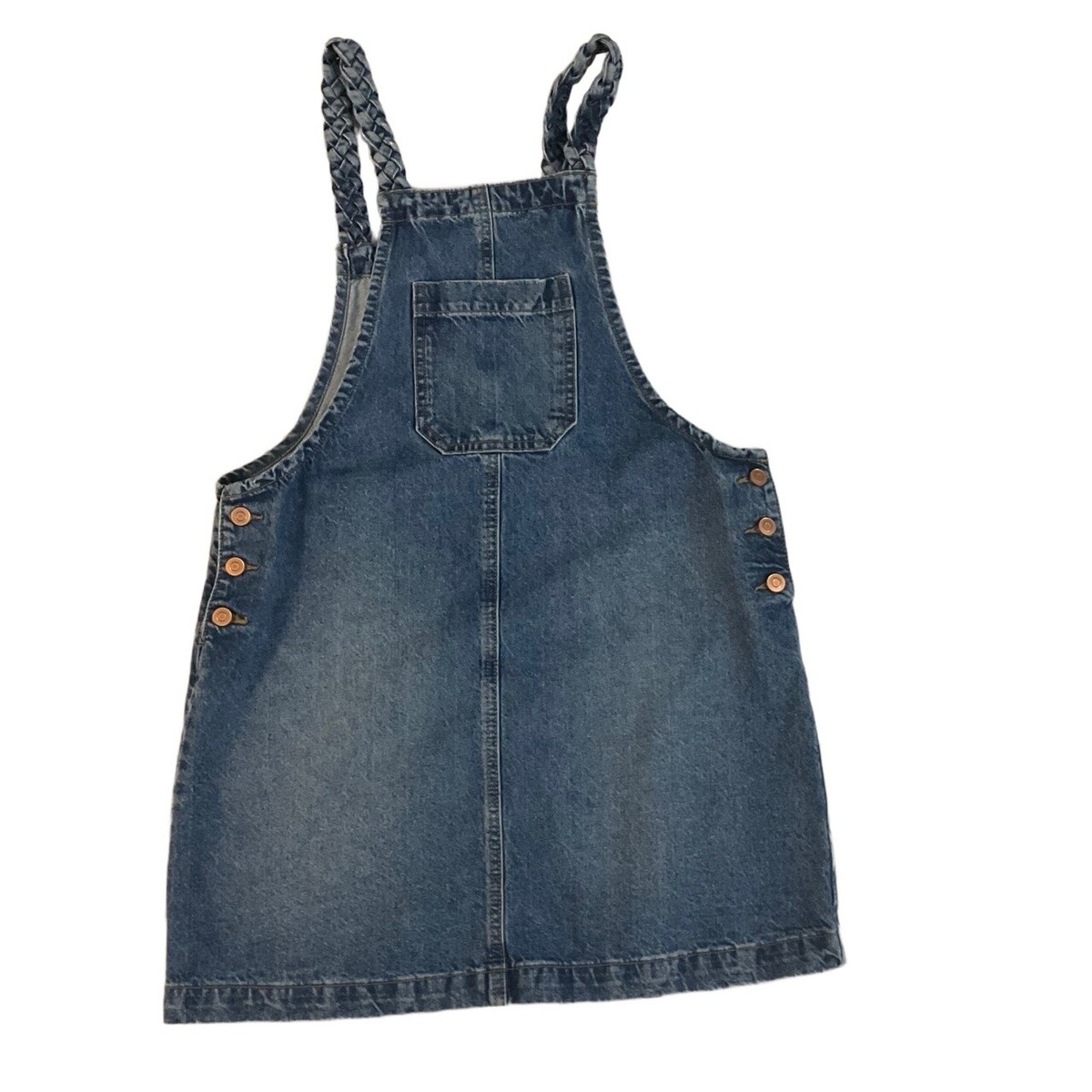 Celebrity Pink Blue Denim Sleeveless Side Buttons Front Pocket Overall Dress