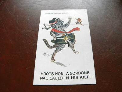 ORIGINAL VIOLET ROBERTS SIGNIERTE ANTHROPOMORPHE KATZENPOSTKARTE, GORDON HIGHLANDERS.