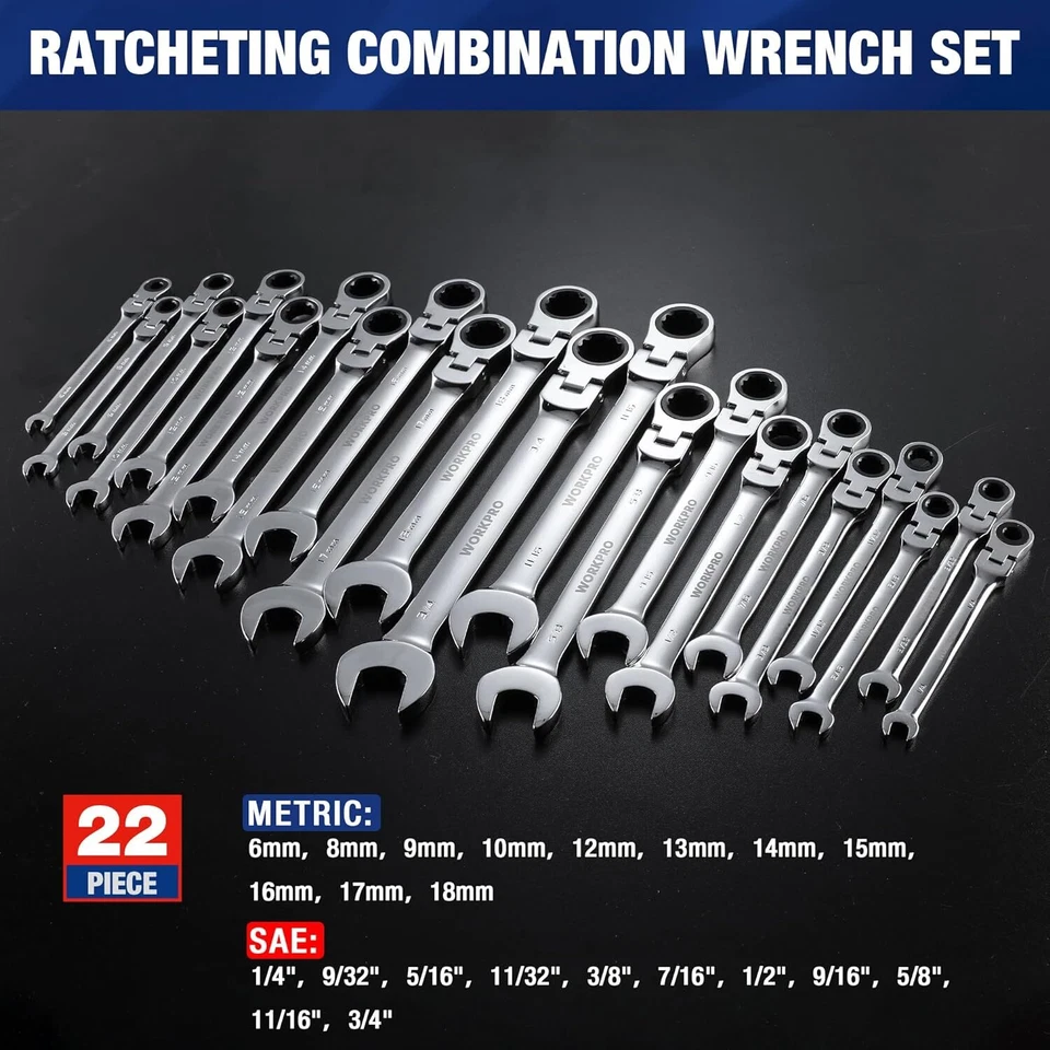 WORKPRO 22PC Ratcheting Wrench Set 72 Teeth Flex-Head Ratchet Combination Wrench - Image 3 of 4