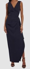 Vince Camuto Women's Blue Gathered Side-Slit V-Neck Gown Dress Size 14