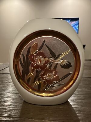 The Art of Chokin Small Vase 24k Gold Edged Hummingbird Flowers Japan