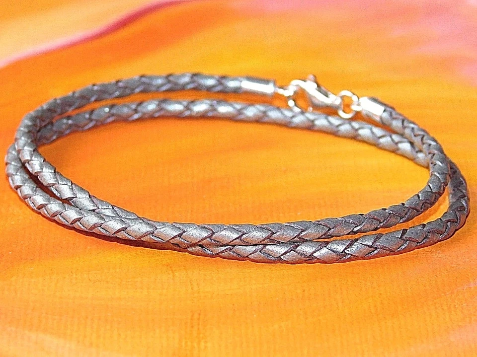 Da Uomo/ Donna 3mm Argento Pelle & Argento Sterling Braccialetto By - Immagine 3 di 3