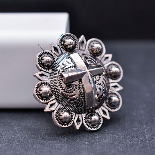10X Antique Silver Heavy Western Berry Cross Leathercraft Saddle Bridle Concho - Picture 3 of 9