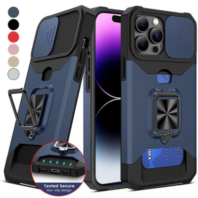 For iPhone 17 16 15 14 Pro Max 13 Armor Slide Card Slot Ring Holder Case Cover
