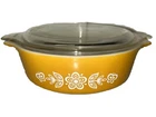 Vintage Pyrex 1PT 471 Mustard Yellow White Floral Dish With Handles & Lid Retro