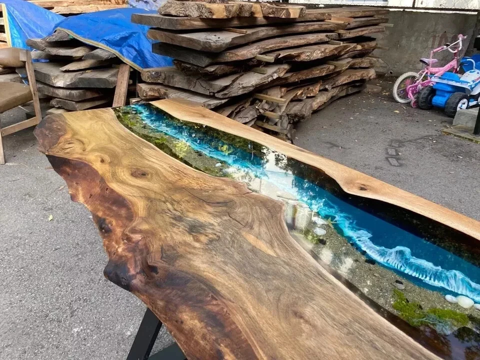 Epoxy Dining Table, Custom 30” x 12” Walnut Blue, Turquoise Epoxy Console Tables - Image 2 of 4