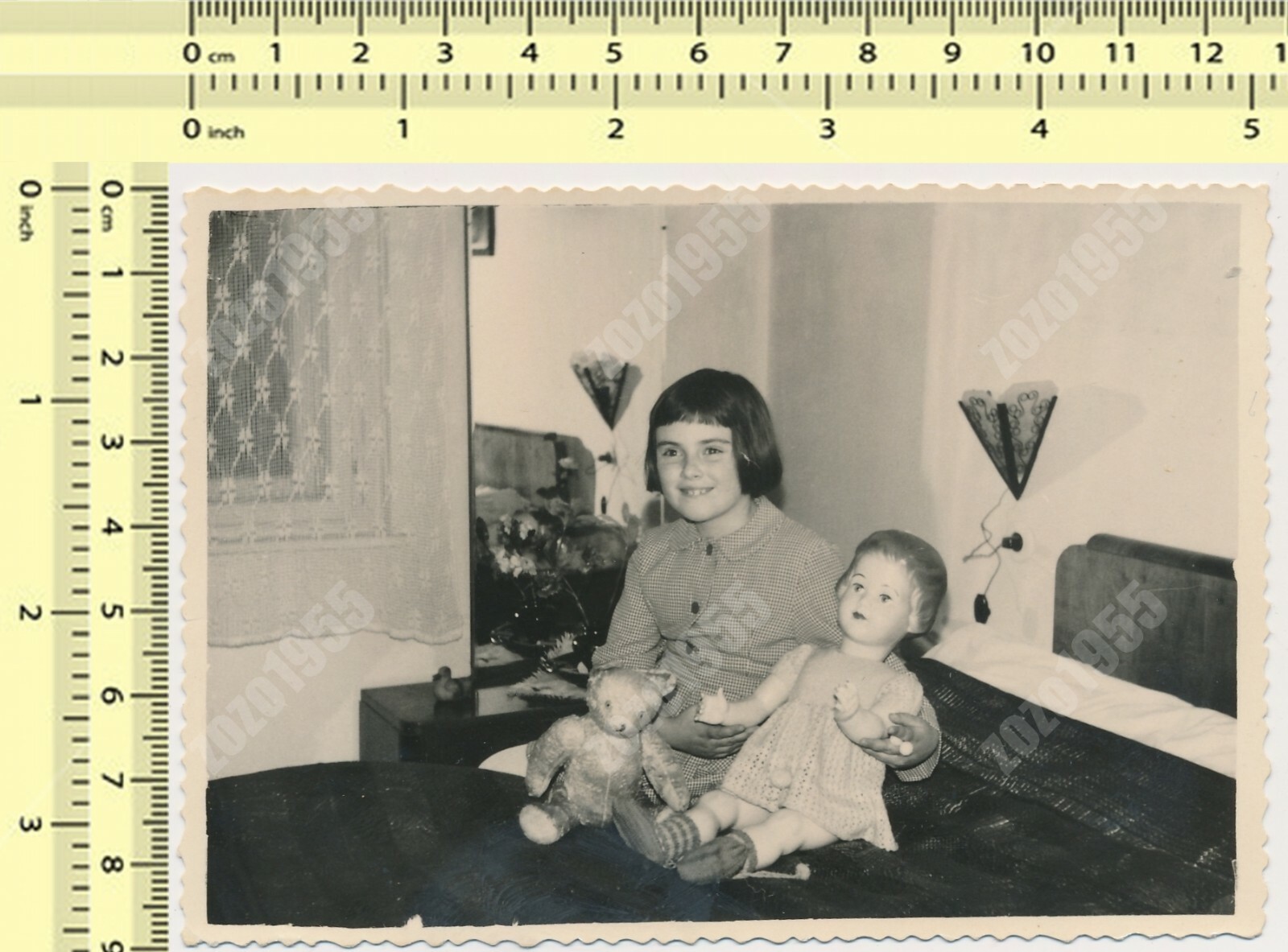 Girl with Toys Teddy Bear Doll Child Kid Portrait vintage original old photo