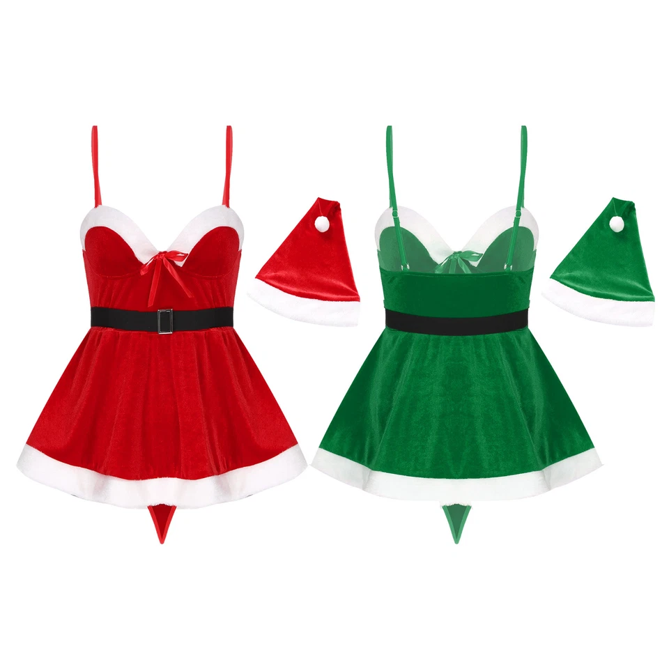 Women's Velvet Santa Claus Cosplay Costume Mini Dress with G-string Belt Hat - Image 2 of 2