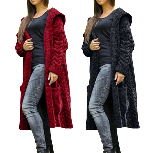Womens Winter Warm Cardigan Coat Outwear Long Sleeve Jacket Hooded Knit Sweater - Picture 12 of 29