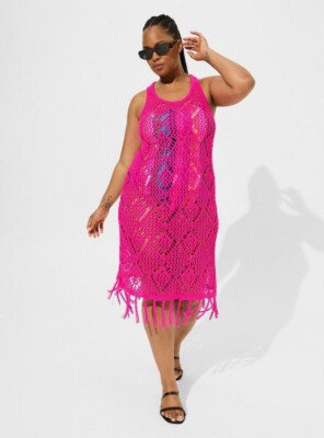 TORRID SIZE L-12) PINK GLO MINI CROCHET FRINGE TANK BEACH