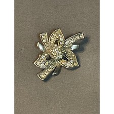 Vintage Silver Tone Rhinestone Bow Brooch Pin Clear Crystal Ribbon Statement