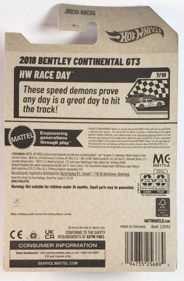 Hot Wheels 2018 Bentley Continental GT3 Black #162 HW Raceday 7/10