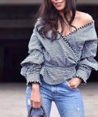 Black White Gingham Cotton Puff Sleeve Off-Shoulder Tie Wrap Blouse