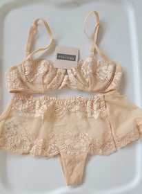 LA PERLA 32B Italia 1 XS camel SHEER & LACE bra & shortie  ELEGANCE set NWT