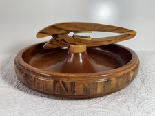 Vintage MCM Wooden Nut Bowl & Removable Lever Nutcracker Mosaic Rim Signed