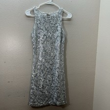 Caché Sequin Mini Dress Silver Y2K 90s Party Formal High Neck Open Back Sz 4