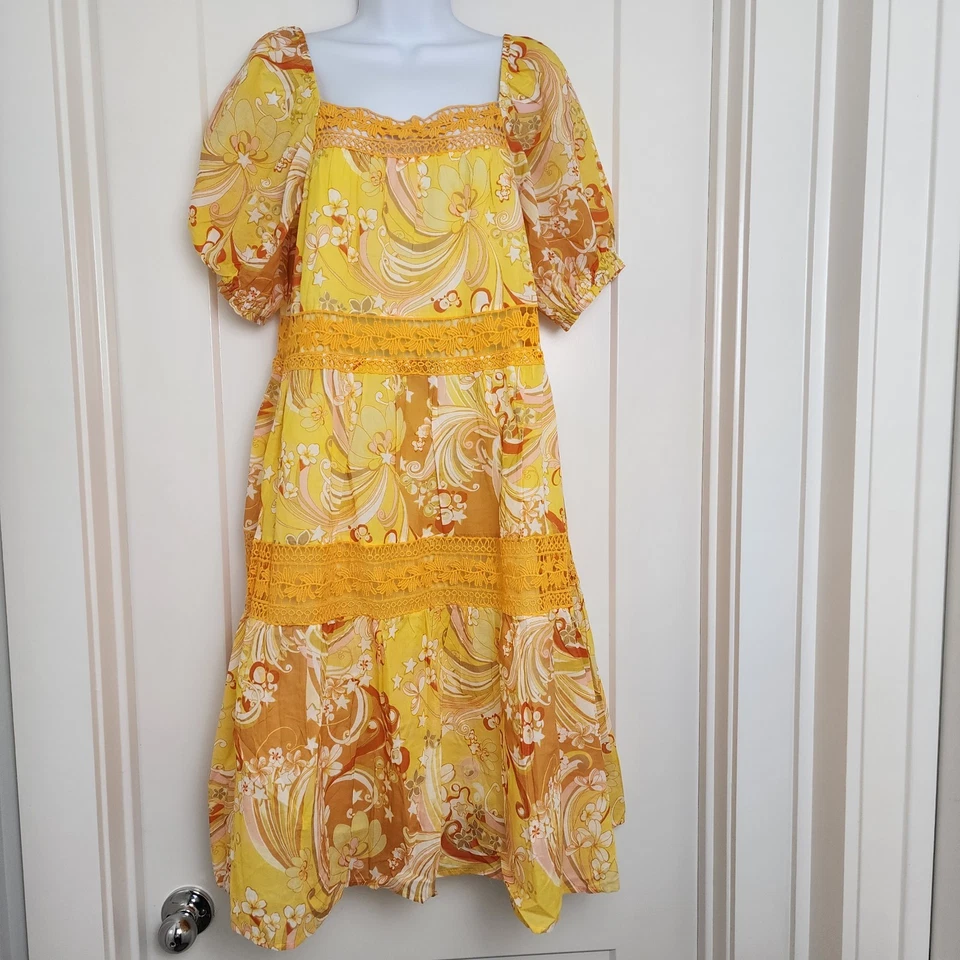 Nuevo con etiquetas Vestido Hale Bob Amarillo Floral Retro Años 70 Boho Pradera Algodón en Niveles Crucero M Foto 2 de 4