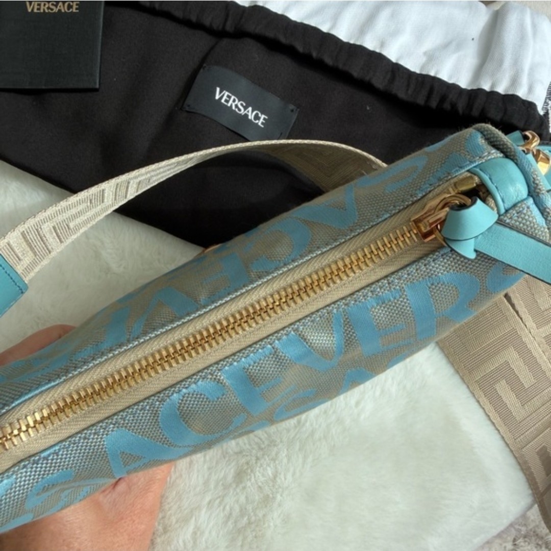 Versace Women's Blue Logo Print Gold Medusa Medium Hobo Handbag Shoulder Bag image 6