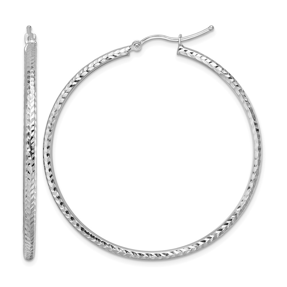 10k White Gold Diamond-cut 2mm Round Tube Hoop Earrings L-45 mm 1.96gm