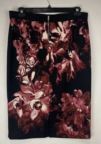 EUC Alfani Women's Black Wine Floral Scuba Knit Pencil Midi Skirt Stretch Size L - Afbeelding 5 van 10
