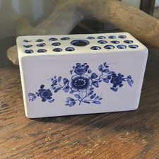 Hand Painted Ceramic Blue and White Flower Frog Vase, 92' Vint Made in Portugal