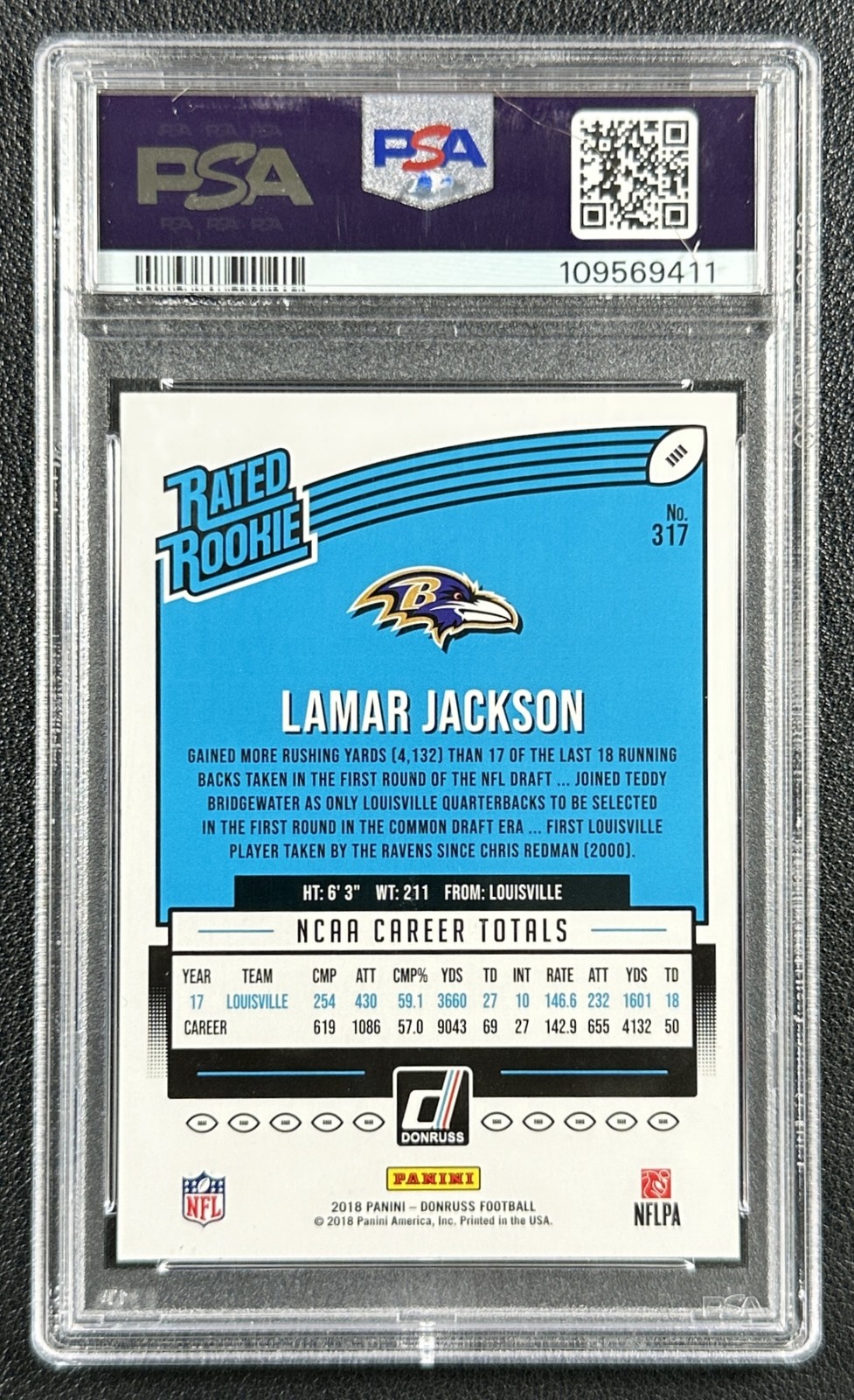 LAMAR JACKSON PSA 8 2018 PANINI DONRUSS #317 ROOKIE PRESS PROOF RED RAVENS 9411 view 2