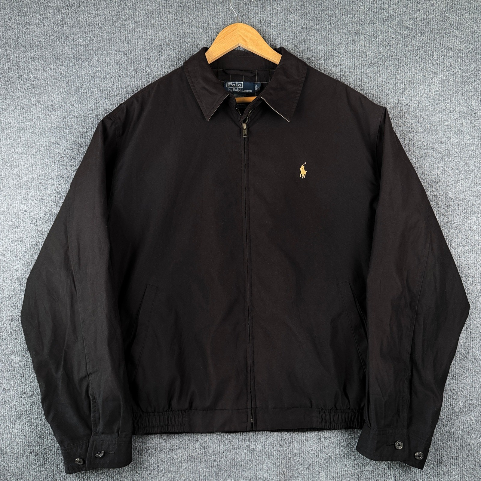 VTG Polo Ralph Lauren Harrington Jacket Mens L Black Full Zip Flannel Lined 90s