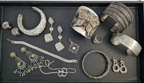 Vtg Silver Tone Costume Jewelry lot Statement formal Rhinestone Ect