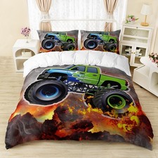 Cartoon Green Trucks Duvet Cover Set King Size, Monster Trucks Bedding Set fo...