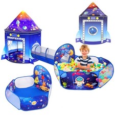 3 in 1 Rocket Ship Play Tent with Tunnel Ball Pit for Kids Space Themed Pop U...