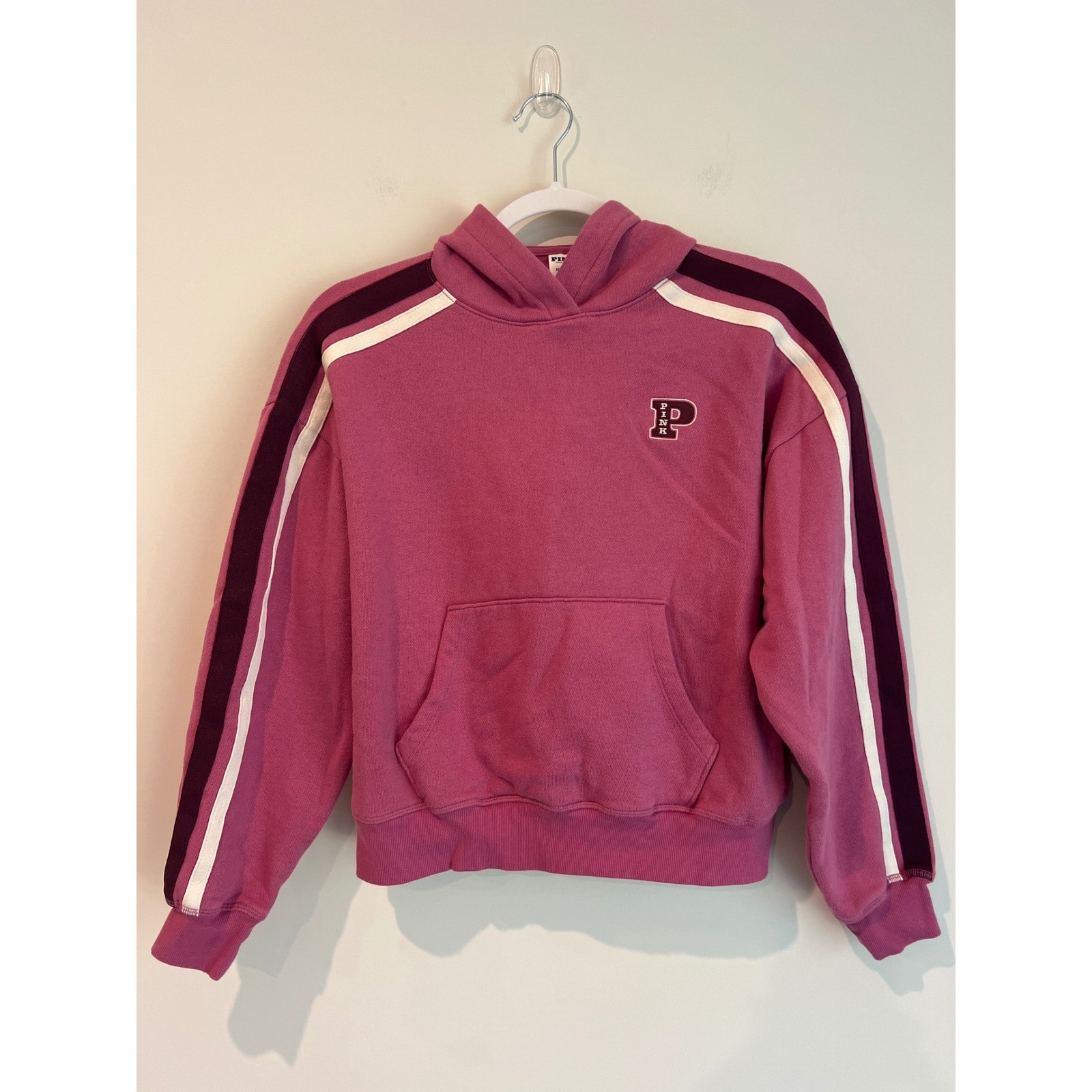 PINK Victoria's Secret Sport Striped Sleeve Hoodie Sweatshirt Dusty Rose XS