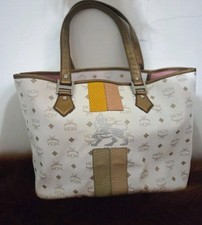 Authentic MCM Visetos White / Gold Leather Princess Lion Shopper Tote Hand Bag