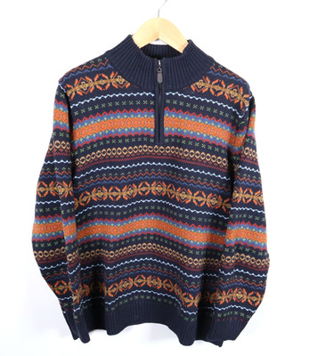 L.L. Bean Fair Isle Sweater Men's Large Blue Orange Cotton 1/4 Zip Mock Neck