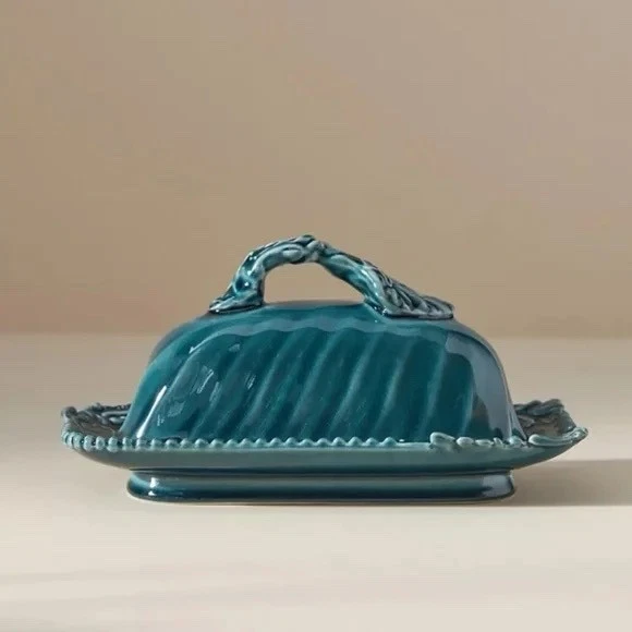 ANTHROPOLOGIE Turquoise PAOLO GLAZED CERAMIC COVERED BUTTER DISH -NIB