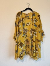 Umgee Women's Mustard Yellow Floral Open Front Duster Cardigan Pom Pom Tassel