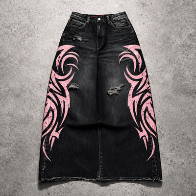 Y2K Baggy Black Denim Jeans Wide Leg Distressed Streetwear Skater