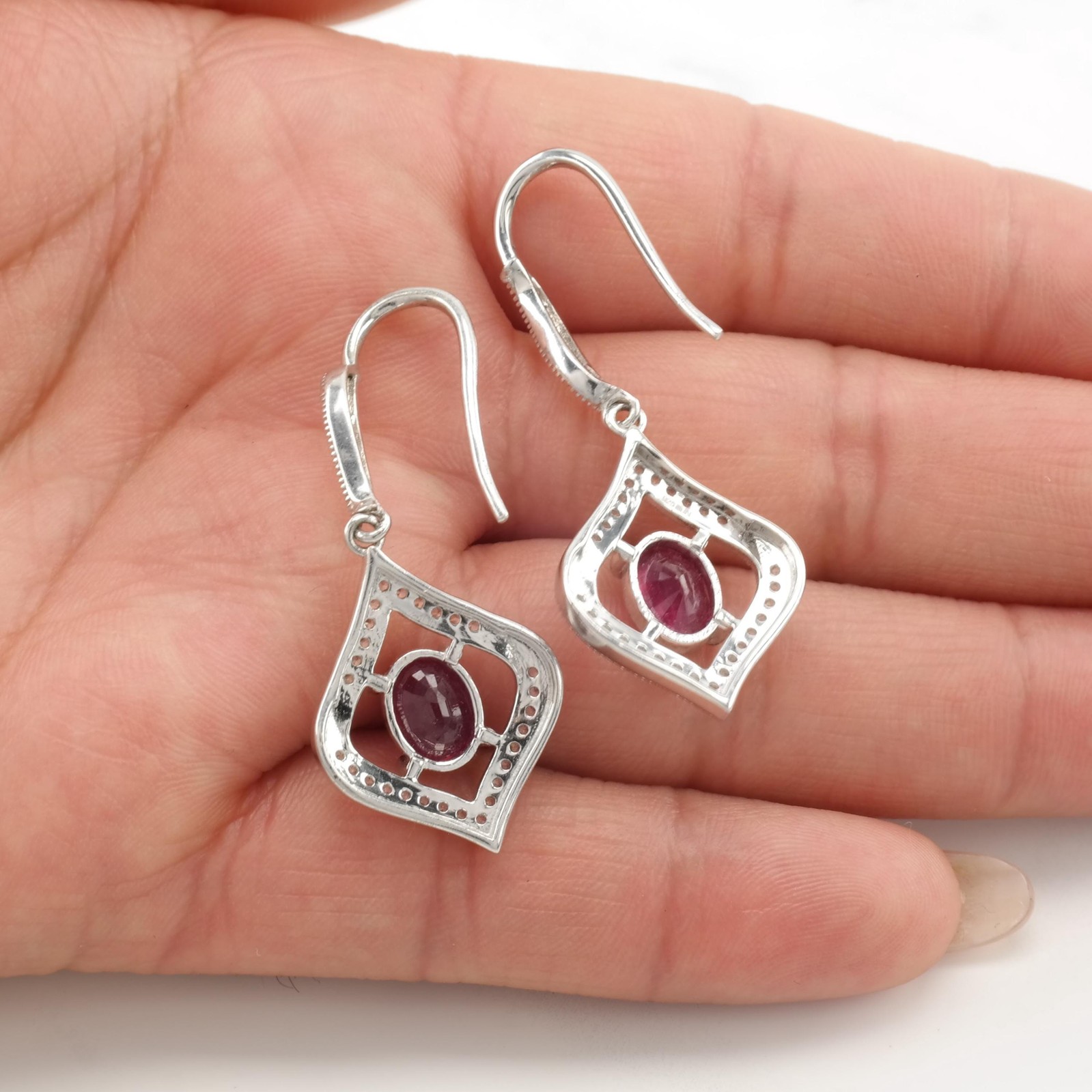 Ruby Sterling Silver Fish Hook Dangle Earrings Pi… - image 7