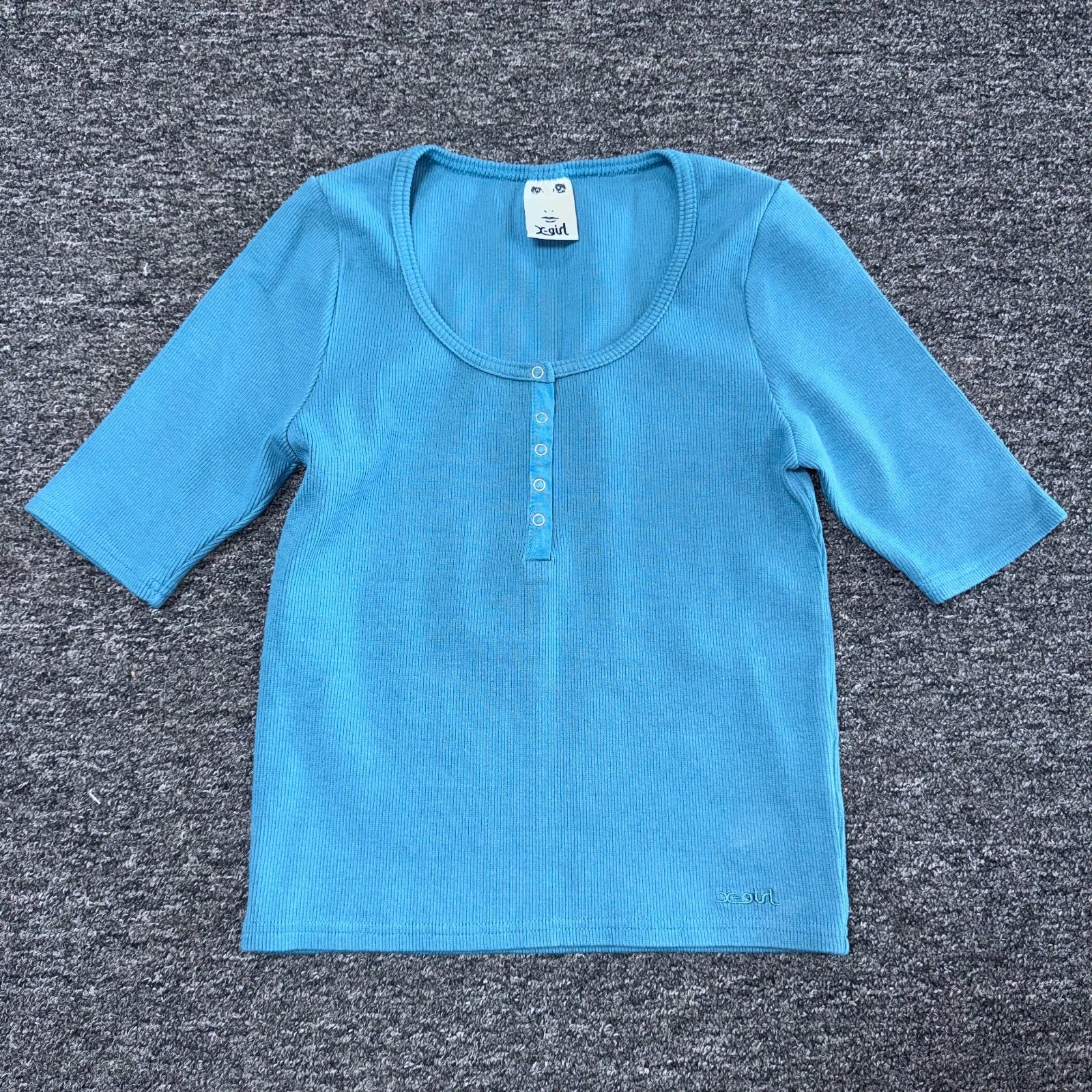 X-Girl Henley T-Shirt Babygirl Top Slim Casual - Womens Sz S Blue