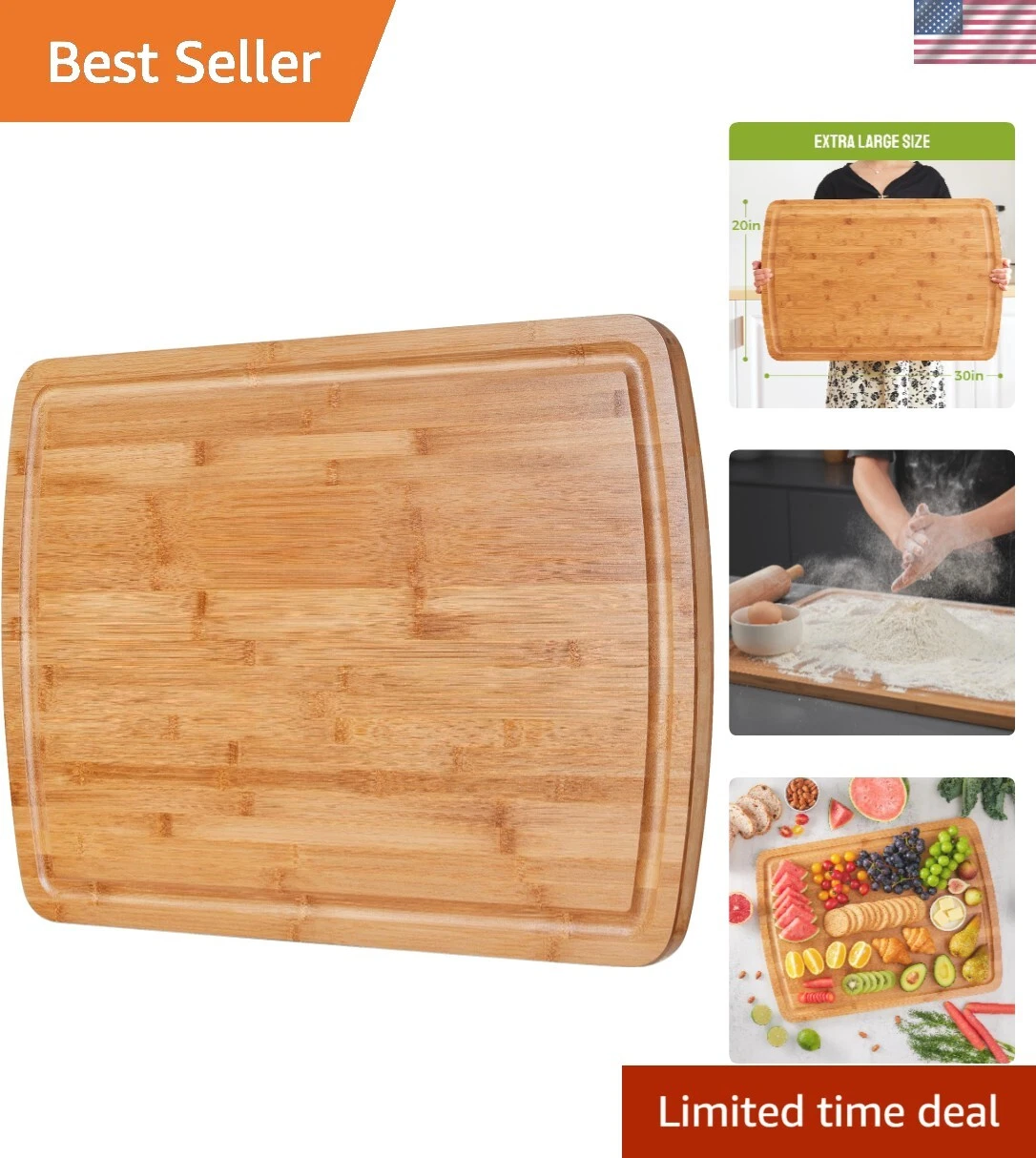 Versatile 30x20 Bamboo Cutting Board with Juice Groove - Perfect BBQ Companion