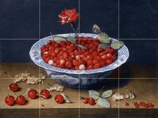 A STILL LIFE WITH WILD STRAWBERRIES Tile Mural Kitchen Wall Backsplash Art 24x18