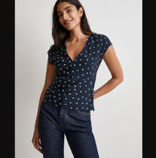 Madewell NEW NWT Womens 2 Navy Blue Polka Dot V Neck Cap Sleeve Top